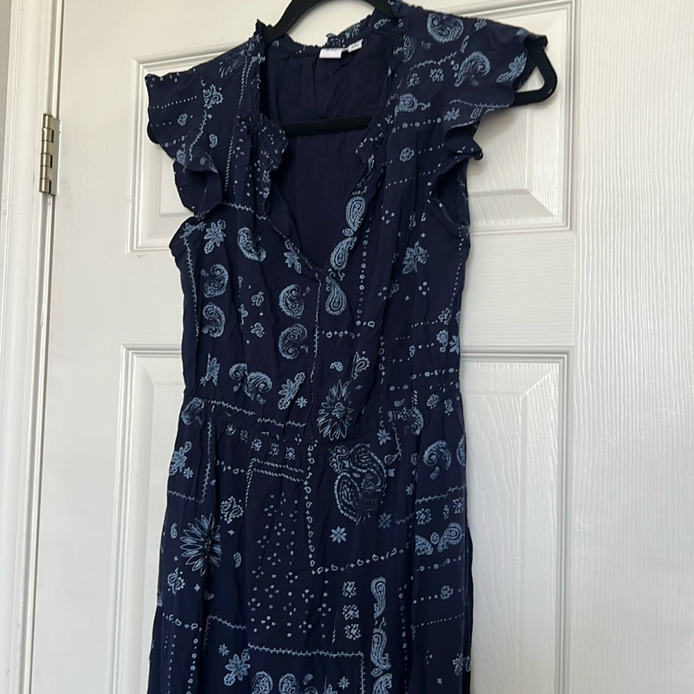 Blue Ruffled cap sleeve Midi Sundress with Notched Collar